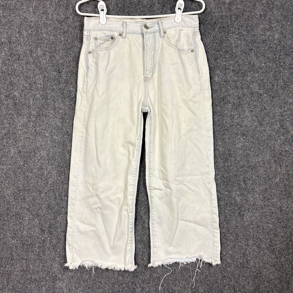 American Eagle Wide Leg Crop Jeans Womens Size 4 Light Wash Blue Raw Hem Grunge